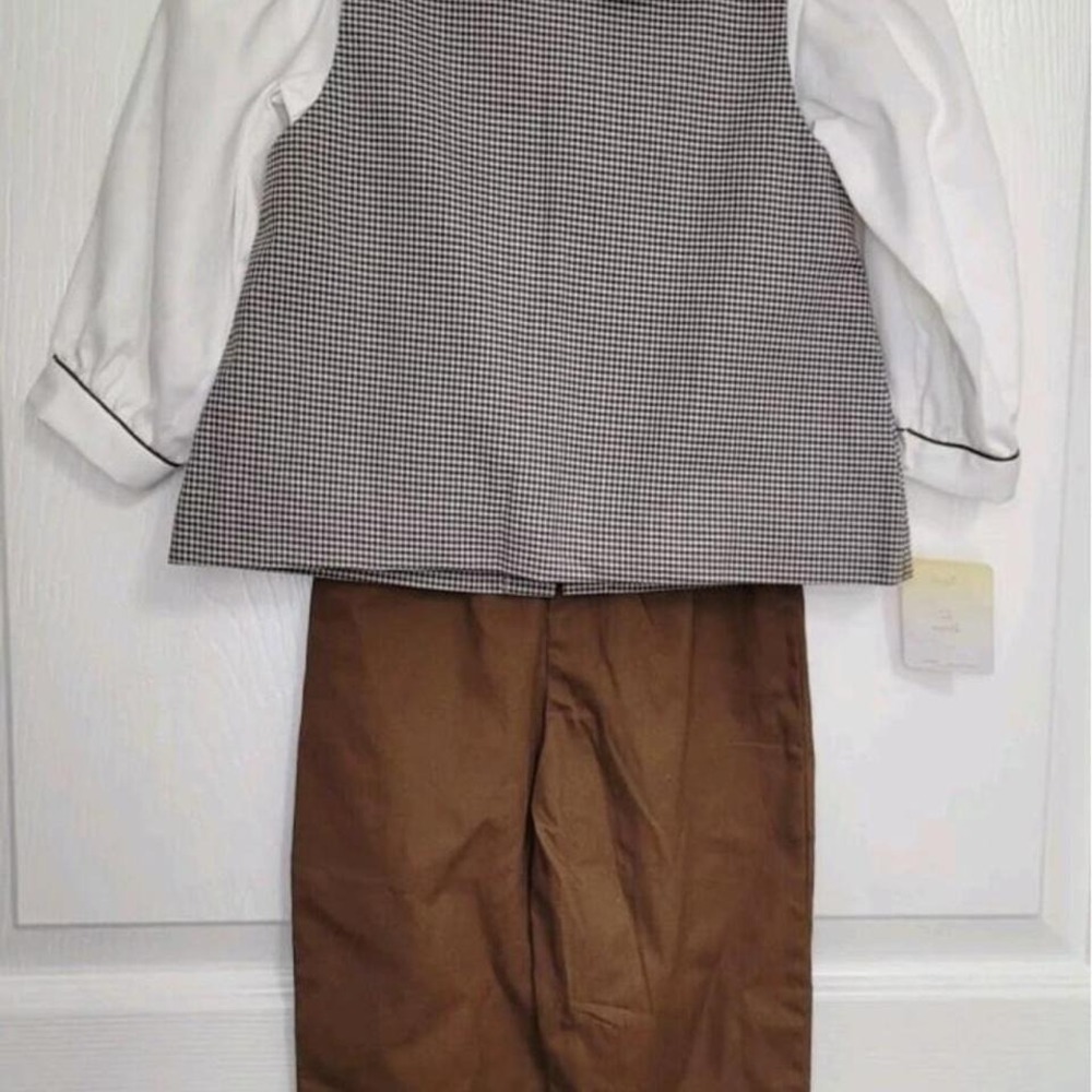 Petit Ami Baby Brown Gingham Vest‎ Shirt and Pants Set 12 Months NEW